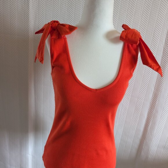 Anthropologie Maeve The Rafaela Ribbed Bow Tie Shoulder Tank Top Orange XS Small - Picture 1 of 11